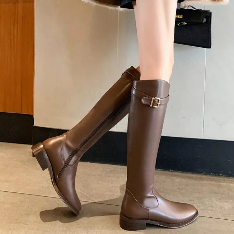LBSFY -New Women's Black Elegant with Low Heels Shoes Long Brown Boots Winter Knee High Shaft Stylish Lastest Price Goth