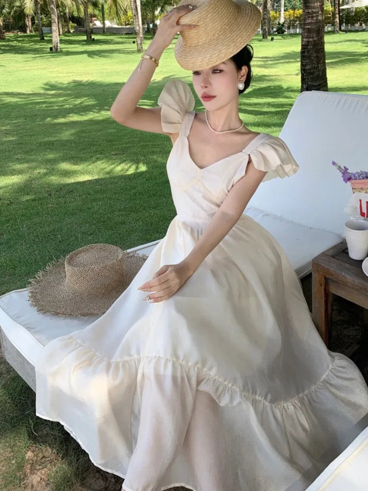 LBSFY -Women V Neck Backless Evening Party Dress Summer Beige Sweet Temper French Fairy Sundresss Fashion Clothing Vestido