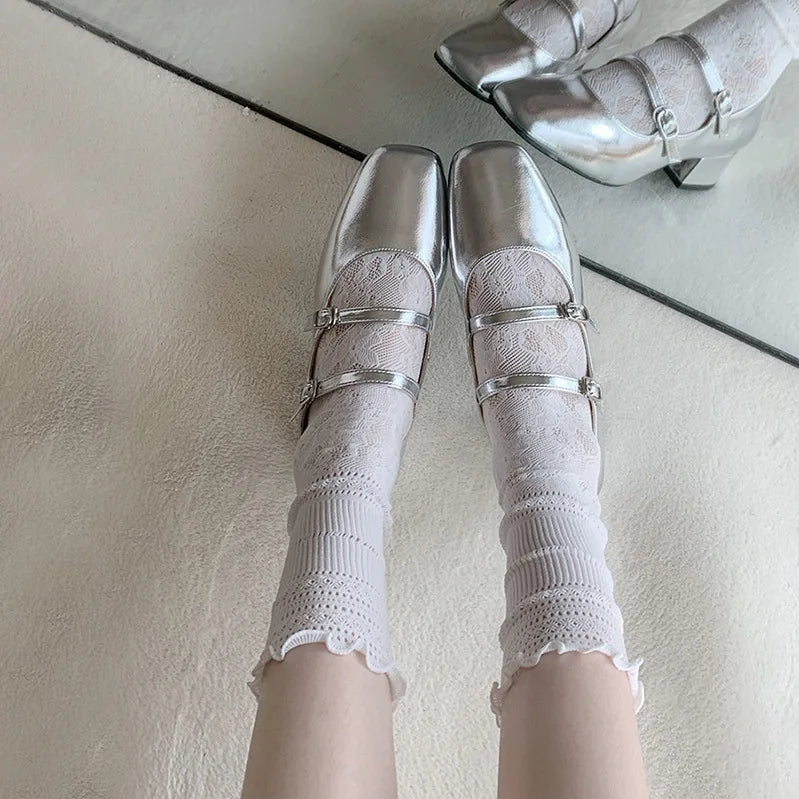 Lbsfy Women's Socks Spring Summer Solid Color Hollow Lace Sock Mid-tube Sock Breathable Lace Pile Sock Thin ballet-style Fashion Socks