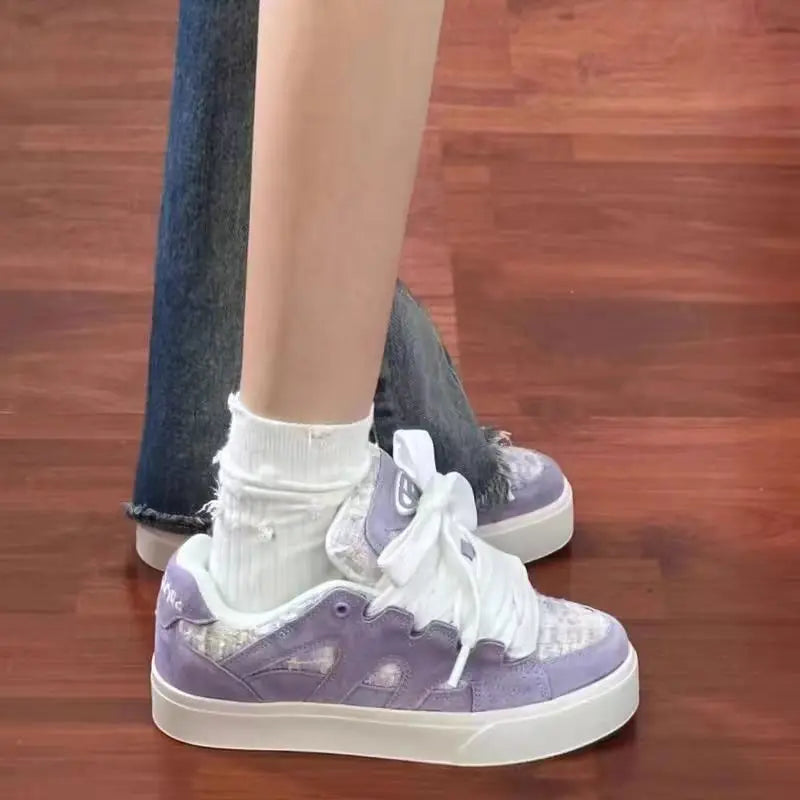LBSFY  -  Purple Women Sneakers Kilobird Plaid Print Solid Colour Womens Sports Shoes Casual Versatile Collegiate Style Shoes