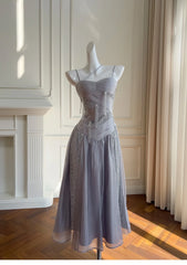 LBSFY -Charming Women's Gray Tulle Midi Dress With Lace Appliques Neckline Sleeveless Party Formal Gown Elegant