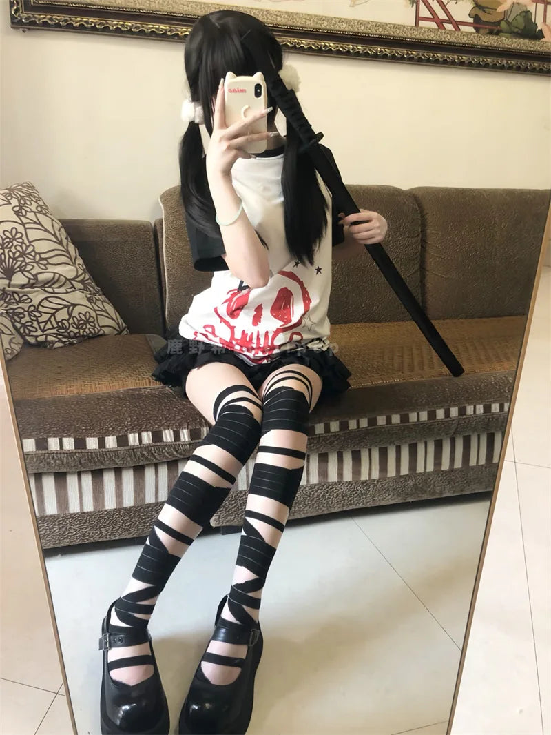 Lbsfy Stockings Women Thin Lolita Cute Girl Black Thigh High Socks Cross Bandage White Over the Knee Stockings