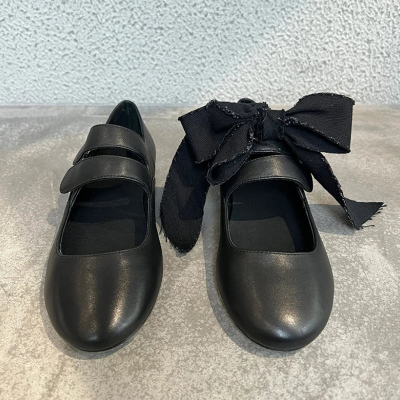 LBSFY  -  Black Round Toe Strappy Ballet Shoes for Women Lace-Up Bowknot Flat Leather Shoes Design Ladies Retro Casual Zapatos De Mujer