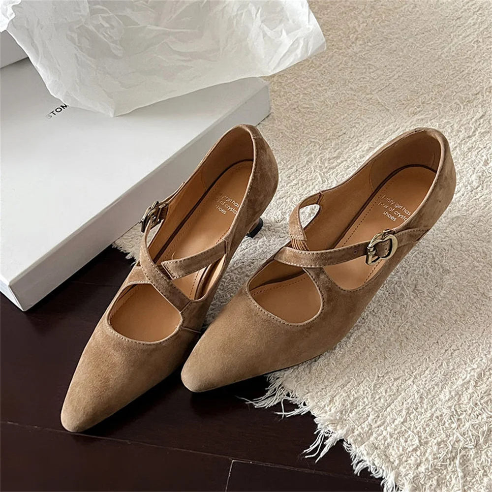 LBSFY  -   Retro Women Suede Leather Pointed Toe Pumps Buckles Spring Summer Party Wedding Shoes Woman High Heeled Prom Pumps
