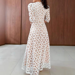 LBSFY  -  2025 Fashion Hight Waist Slim Party Dress Elegant V-neck Half Sleeve Solid Long Dress Women Sexy Embroidery Hollow Evening Dress