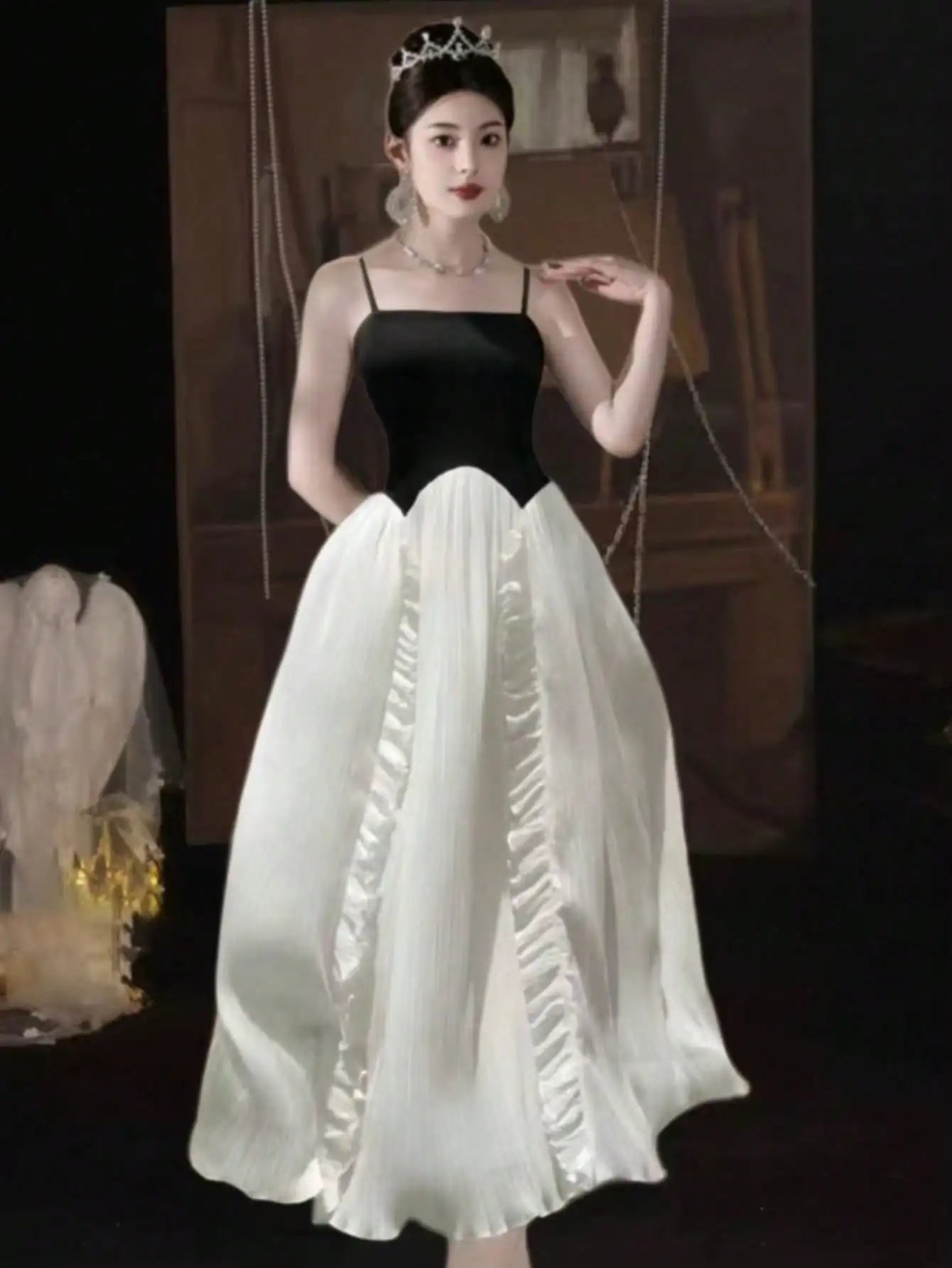 LBSFY -French Ruffle Pleated Elegant Fashion Evening Party Black White Women's Dresses Spliced A-Line Prom Spaghetti Strap Dress New