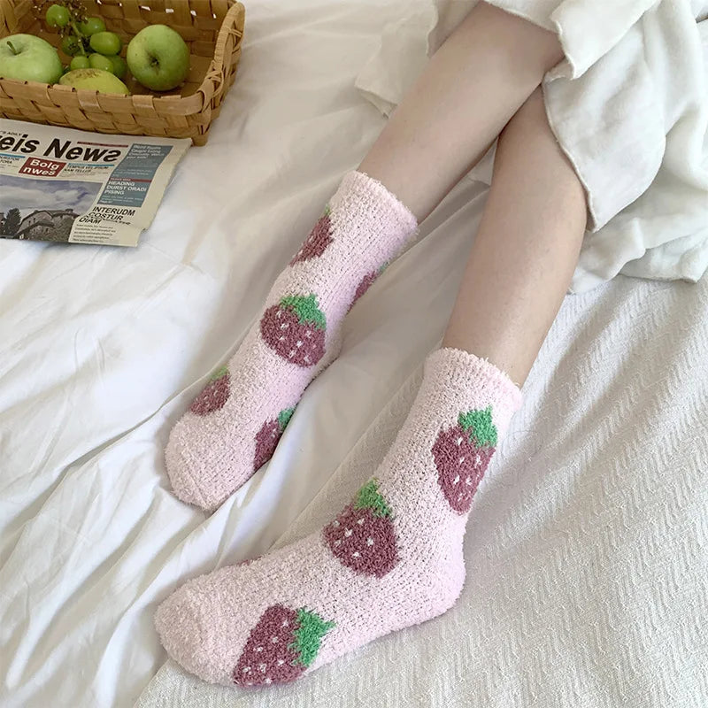 Lbsfy Women Socks Kawaii Cute Strawberry Cherry Flowers Winter Thicken Warm Soft Coral Fleece Thermal Homewear Floor Sleeping Socks