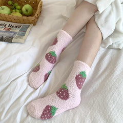 Lbsfy Women Socks Kawaii Cute Strawberry Cherry Flowers Winter Thicken Warm Soft Coral Fleece Thermal Homewear Floor Sleeping Socks