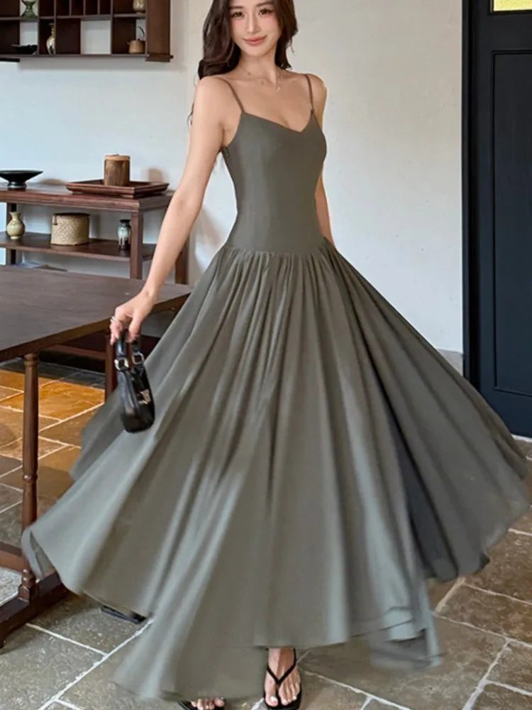 LBSFY -2025 Summer Office Lady Women's Dresses New Elegant V-Neck Slim Waist Pleated A-Line Long Sling Dress Holiday Casual Vestidos