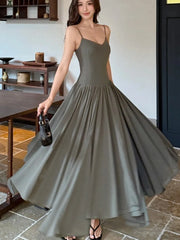 LBSFY -2025 Summer Office Lady Women's Dresses New Elegant V-Neck Slim Waist Pleated A-Line Long Sling Dress Holiday Casual Vestidos
