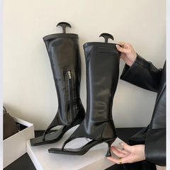 LBSFY -Spring Autumn Fashion Square Head High Women's Boots with Toe Clamp Thin Low Heels Heels Cool Boots Botas Femininas