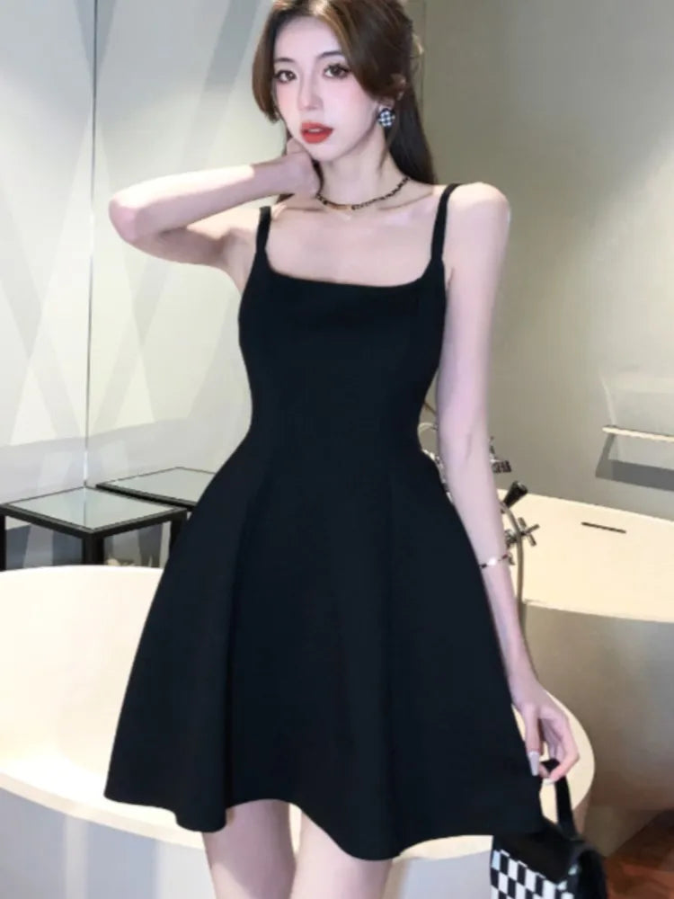 LBSFY -Black Sexy Spaghetti Strap Dress For Woman Elegant French Square-Collar Slim Waist Dresses Sleeveless Party Evening Skirt Summer