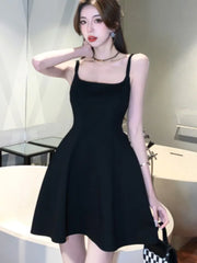 LBSFY -Black Sexy Spaghetti Strap Dress For Woman Elegant French Square-Collar Slim Waist Dresses Sleeveless Party Evening Skirt Summer