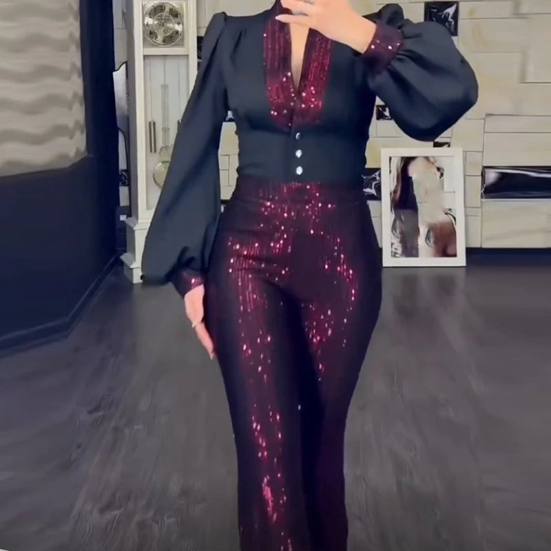 LBSFY  -  Casual Winter Women Two Piece Long Sleeve Sequins Trouser Commuter Set Ladies Stitching Sequins Blouse Top&High Waist Pants Suit