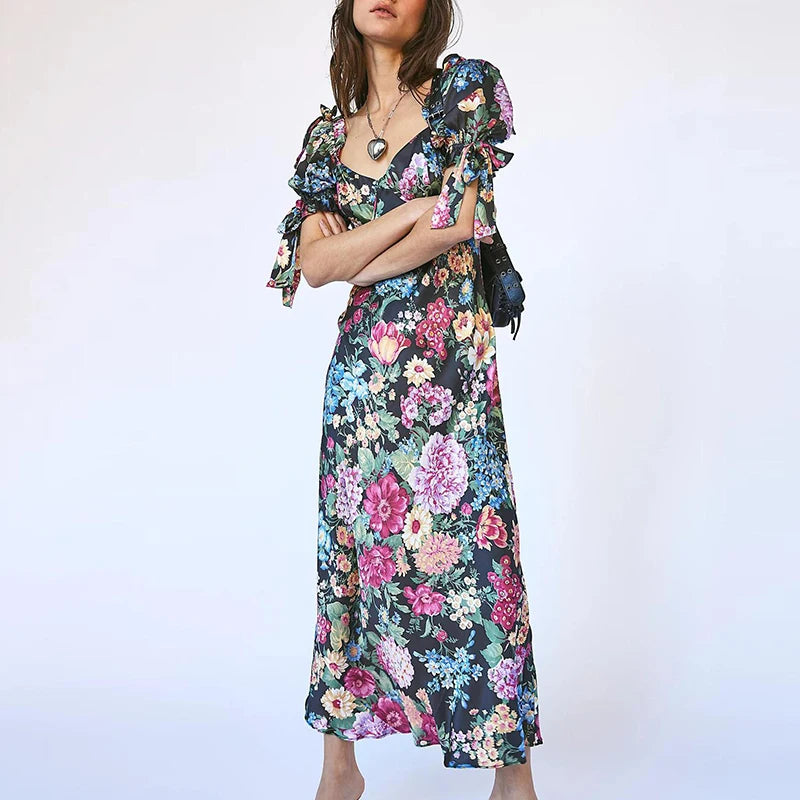 LBSFY  -  2024 Fashion Hight Waist Slim Party Dress Elegant V-neck Floral Print Bohemian Dress Women Casual Puff Sleeve Lace-up Long Dress