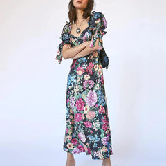 LBSFY  -  2024 Fashion Hight Waist Slim Party Dress Elegant V-neck Floral Print Bohemian Dress Women Casual Puff Sleeve Lace-up Long Dress