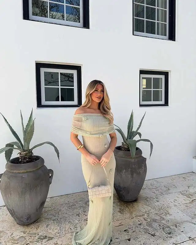 LBSFY -Women's New Vacation Style Strapless Long Dress 3D Flower Fashion Chic Beach Dresssolid Color Knitting Party Summer Dress