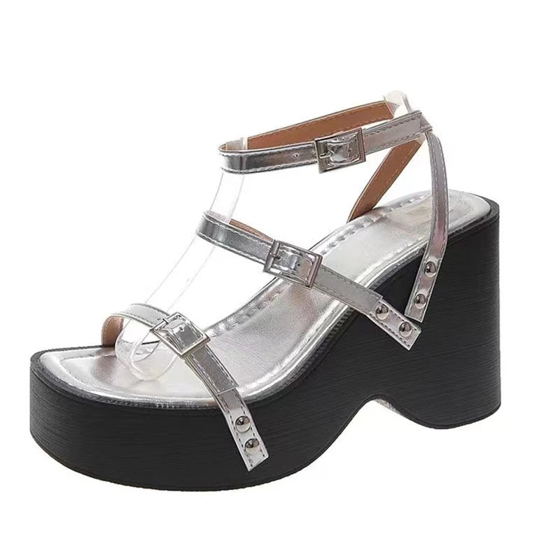 LBSFY  Narrow Band Platform Women Silvery Sandals Casual Shoes Summers Party Dress Wedges Heel Sandalias