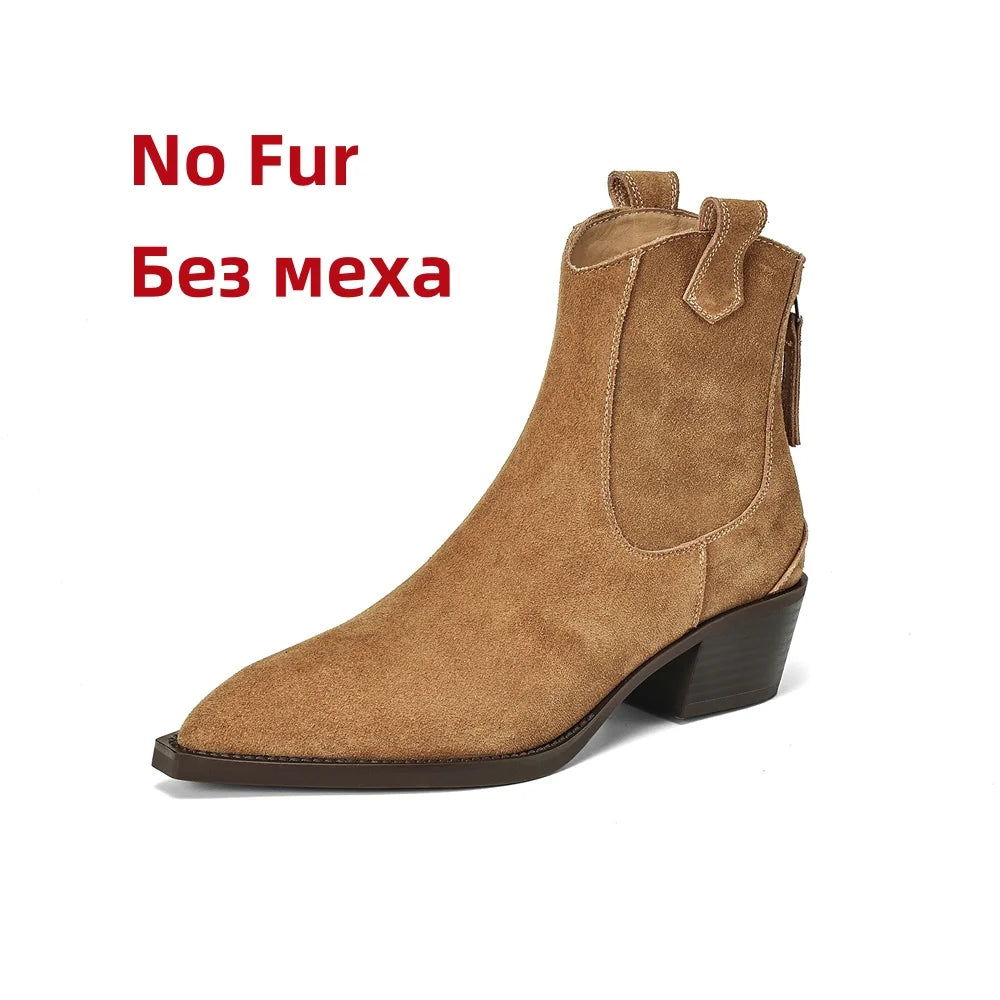 LBSFY  -  2024 Winter Classic Chelsea Boots for Woman Cow Suede Pointy Toe Wedge Heel Ankle Boots Simple Comfortable Cowboy Boots