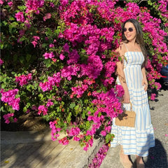 LBSFY -Summer New Women's Patchwork Striped Fashion Long Dress Square Collar Loose A-line Lace Up Vacation Beach Women Dresses 2025