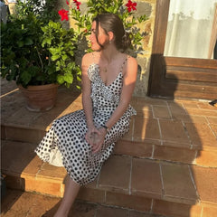 LBSFY -Women's Polka Dot Layered Decorative Satin Sleeveless Suspender Dress Ruffle Slim Chic Party Dress Fashion Female Clothing