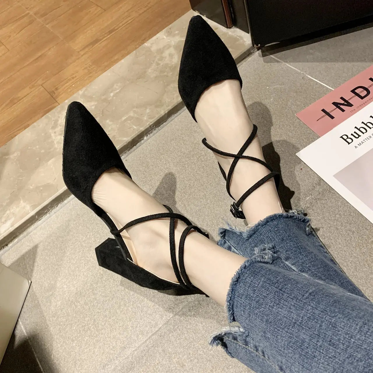 LBSFY -New Spring Autumn Women Heels Ankle Cross Strap Thick High Heel Sexy Female Shoes Casual Suede Black Pointed Toe Pumps