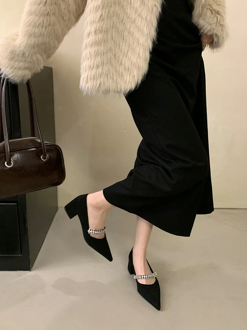 LBSFY  -  Fashion Women Pumps Pointed Toe Thick High Heels Rhinestone Chain Autumn Spring Elegant Party Pumps Shoes Woman Size 35-39