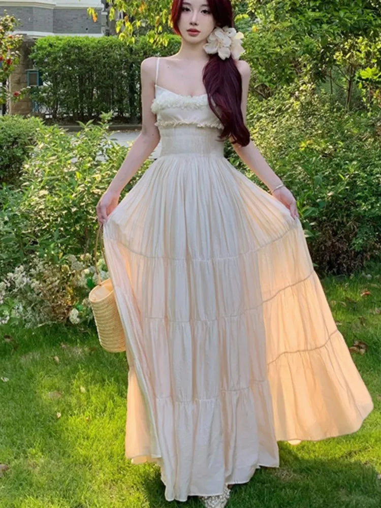 LBSFY -Elegant Fairy Chic Pleated Dresses Korean Patchwork Slim Waist A Line Sling Dress Women Princess Evening Vestidos Female Robe