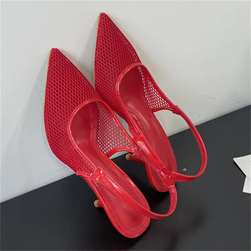 LBSFY -Summer Breathable Mesh Pointed Toe Women Pumps Elegant Slingbacks Thin Low Heels Party Dress Shoes BIG SZIE 43
