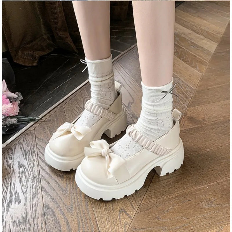 LBSFY -Japanese Style bowknot JK Thick Heel Mary Jane Women's Shoes Summer Vintage French Slip-On PU Leather Chunky Cosplay Pumps