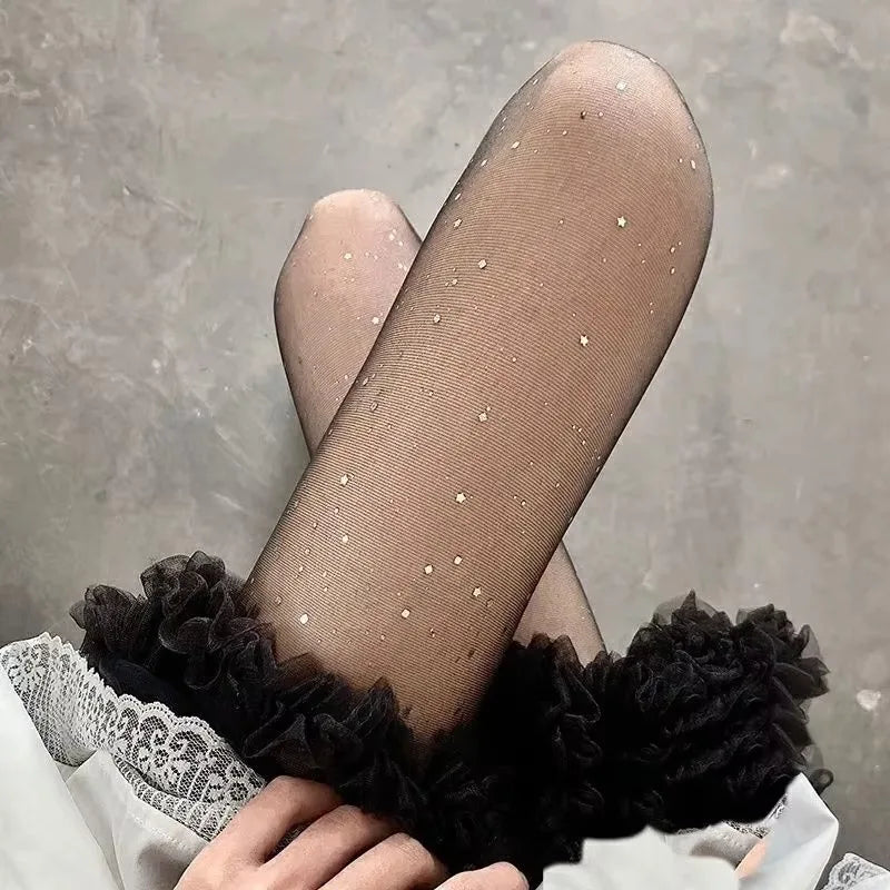 Lbsfy Vintage Women Sexy Thin Sparkling Sequin Silky Pantyhose Elastic Black Sexy Anti-Snag Night Club Tights Seamless Stockings