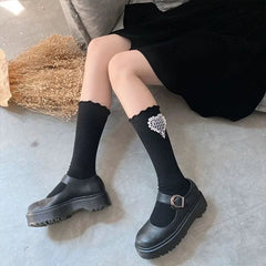 Lbsfy Socks Women Cotton Lolita Harajuku White Black Students Lovely Cute Kawaii Ruffle Calf Sock Love Female Grid Girls Gift Stocking