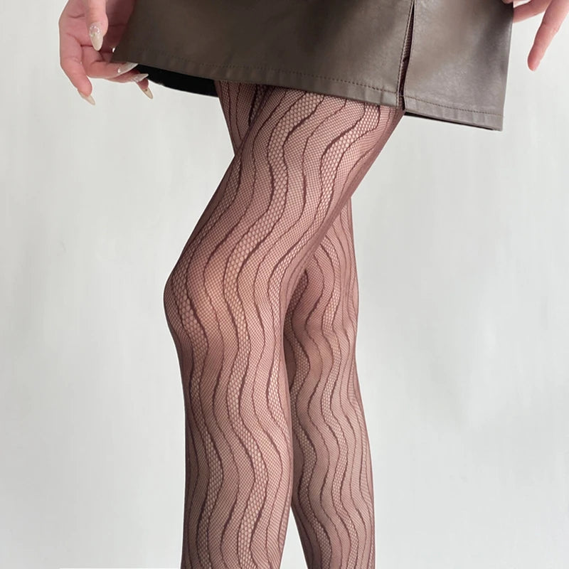 Lbsfy Women's Tights Elegant Sexy Wave Bottoming Stockings Ladies Hollow Out Lace Pantyhose Breathable Sheer Female Long Stockings
