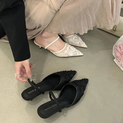 LBSFY  -Silk Sequin Rhinestone Decoration High Heels Muller Single Shoes Pointed Fine Heels Slippers Dress Banquet Female