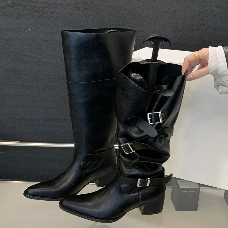 LBSFY -Winter Black Punk Round Toe Knee-High Women Boots Square Heels Buckle Strap Ladies Booties Shoes Zapatillas De Mujer