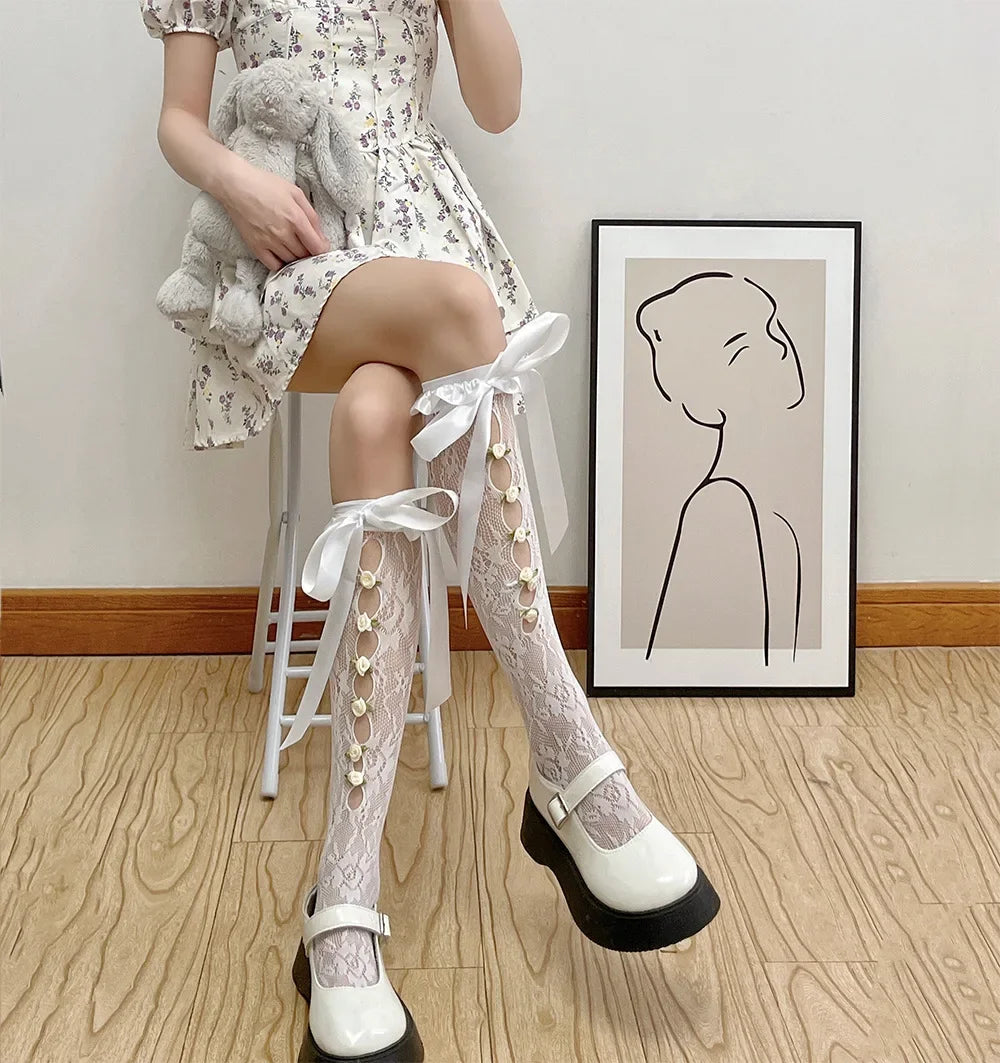 Lbsfy Cute Gothic Style Ruffles Hollow Bow JK Lolita Stockings Women Sexy Lace Mesh White Black Fishnet Knee High Long Socks Lingerie