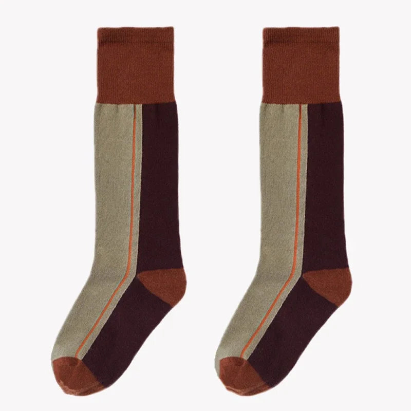 Lbsfy Spring Autumn Ins Fashion Woman Maillard Color Striped Retro Calf Socks Cotton High Tube Soft Sport Eutopean Women's Casual Sox