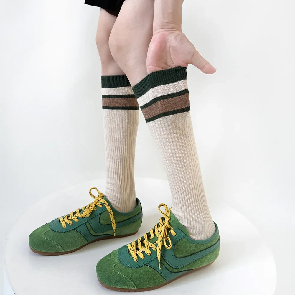 Lbsfy Korean Striped Calf Socks Cotton Colorblocked Knee Socks High Breathable Sport Cycling Mid-calf Socks Japanese JK Accessories