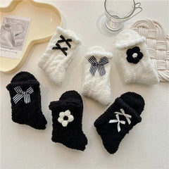 Lbsfy Women Cute Fuzzy Socks White Black  Winter Warm Fleece Kawaii Flower Bowknot Fluffy Socks Fashion Thicken Home Floor Sleep Sock