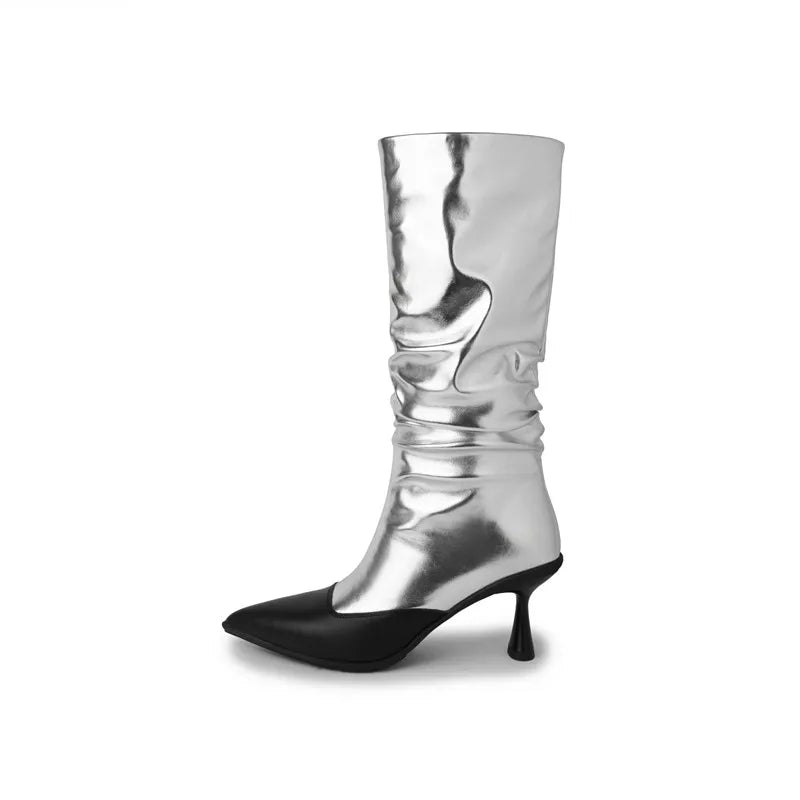 LBSFY  -  Fashion Short Boots Women New High Quality Genuine Leather Boots Wrinkled Pointed High Heels Mid heeled Boots Calf Boots