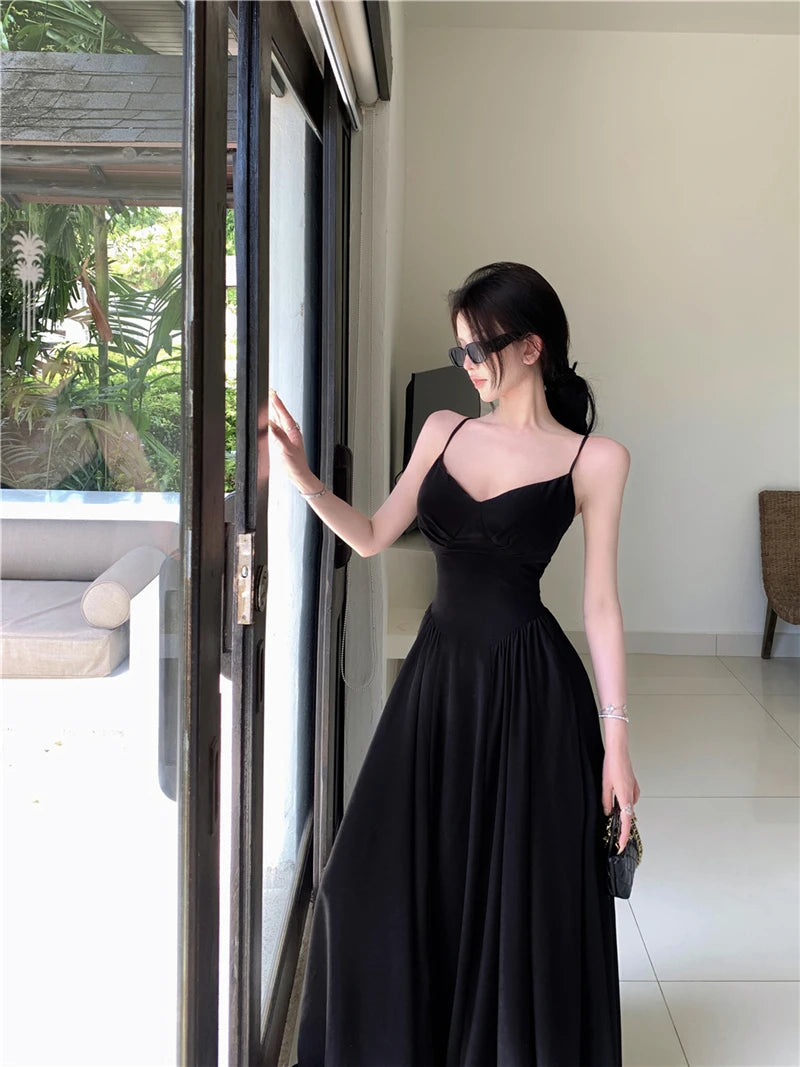 LBSFY -Women's Sexy Backless Elegant Dresses V-Neck Sleeveless Slim Waist Lace Up Strap Long Dress Summer Prom Female Clothes Outfits