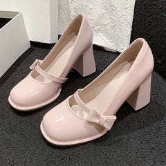 LBSFY  -    High Heels Mary Janes Women Cute Round Toe Patent Leather Pumps Woman Slip-On Square Heeled Bow Party Shoes Ladies
