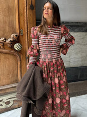 LBSFY  -  Vintage Floral Printed Striped Women's A-line Long Dress Elegant Puff Sleeves O Neck High Waist Vestido Fashion Summer Lady Robe