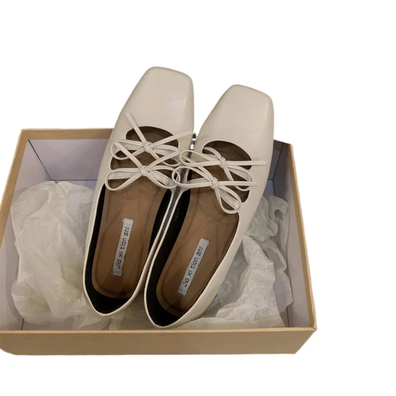 LBSFY -Sweet Double Bowknot Women Mary Jane Shoes New Square Toe Dress Flat Shoe Ladies Red Soft Sole Shoes Zapatos