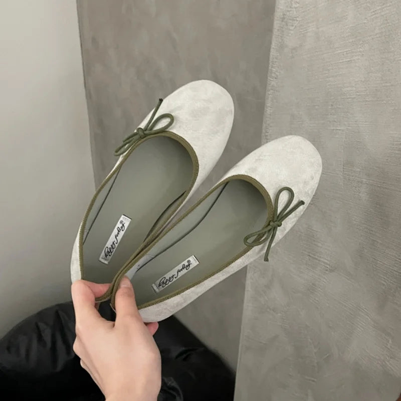 LBSFY  -Brand Women Flats Fashion Bow-knot Round Toe Shallow Slip On Ladies Boat Shoes Soft Flat Heel Dress Ballerinas Shoes Mu