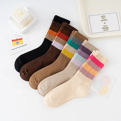 Lbsfy 5 Pairs Women Socks Cotton 1 Set Autumn Winter Middle Tube Breathable Fashion Harajuku Cute Rainbow Stripes Socks Pack Wholesale