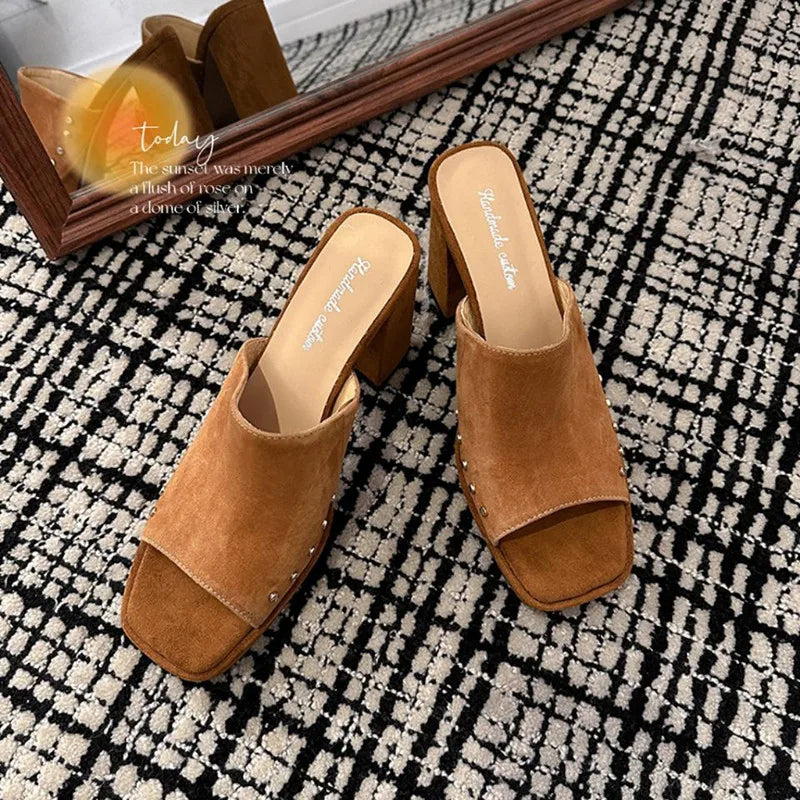 LBSFY  -  Fashion Sandals Women New High Quality Real Leather Open Toe Rivet Thick Sole High Heel Slippers Summer Casual Open Shoes