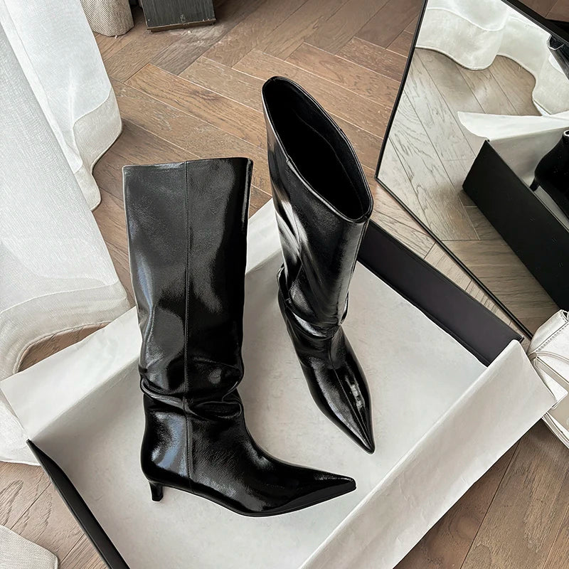 LBSFY  -  Ins Hot Genuine Leather Boots Women Mid Heels Pointed Toe Knee High Boots Slip On Fashion Long Boots Ladies Office Shoe