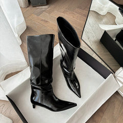 LBSFY  -  Ins Hot Genuine Leather Boots Women Mid Heels Pointed Toe Knee High Boots Slip On Fashion Long Boots Ladies Office Shoe