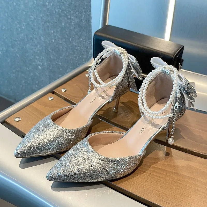 LBSFY  -French new pointy shallow mouth temperament elegant sequin bow high heels women's fine heel pearl line with a single shoe